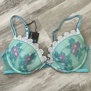 NWT ID Sarrieri Blue Pink Embroidered Floral Bra 34C